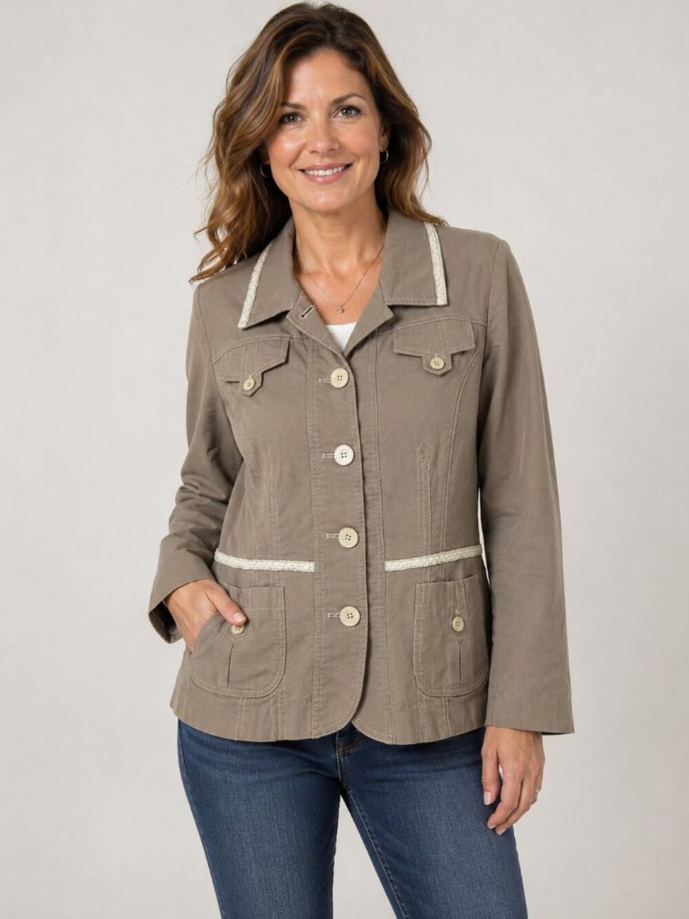 Lana Lee Women’s Safari Utility Jacket Size 12 Taupe Shacket Button Front Casual